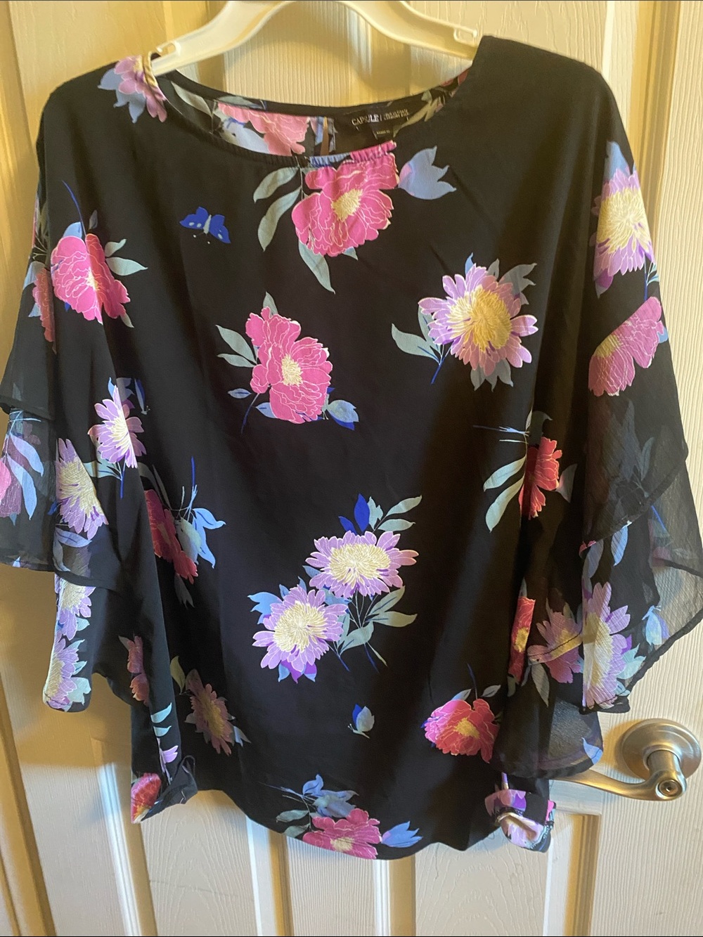 Capsule Floral Black Ruffle-Sleeve Blouse in Pink & Purple